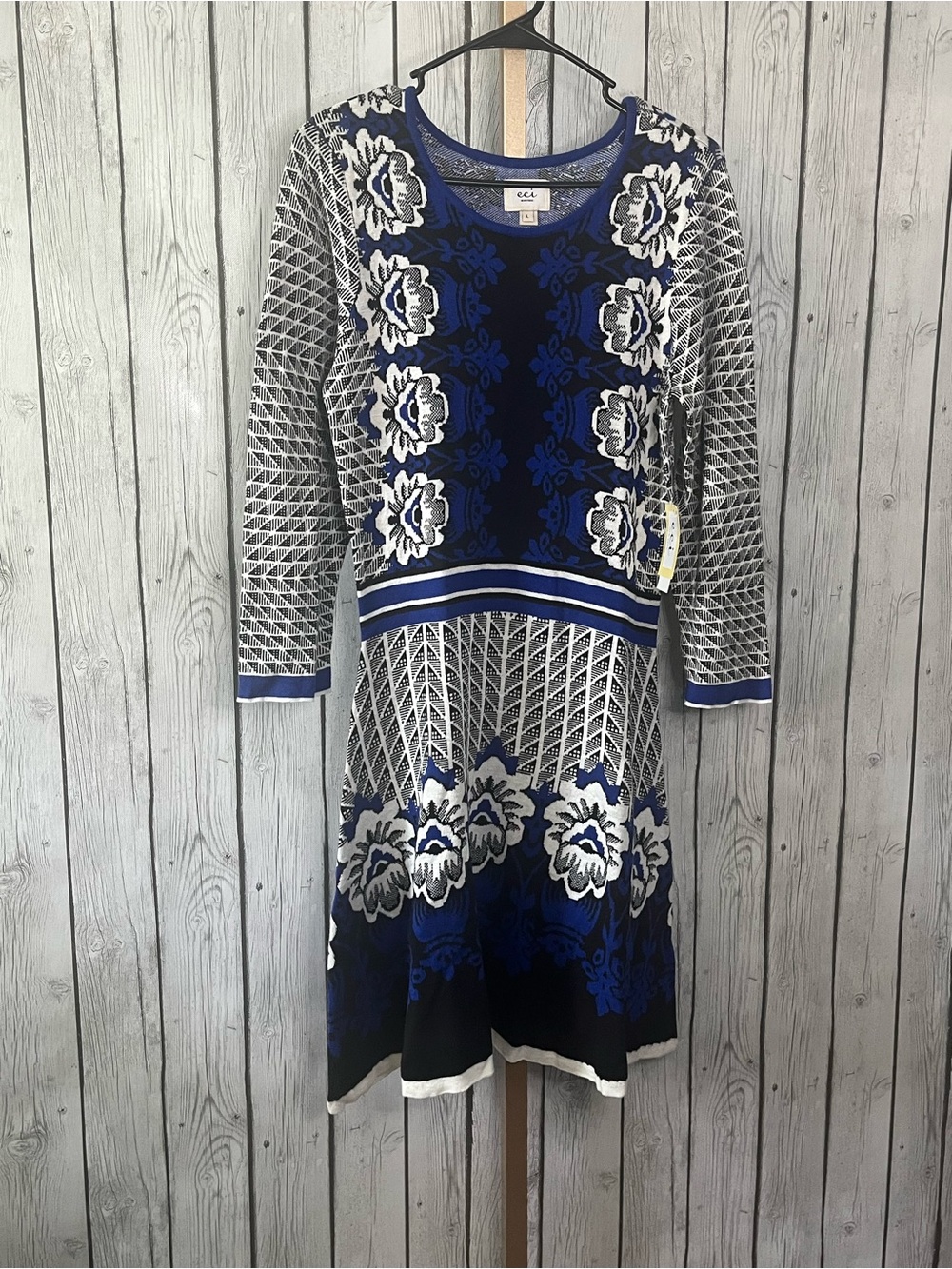 ECI New York Cobalt Blue Floral Geometric Knit Fit & Flare Sweater Dress L NWT